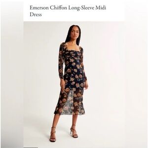 Navy Floral Abercrombie and Fitch Emerson Chiffon Long Sleeve Midi Dress